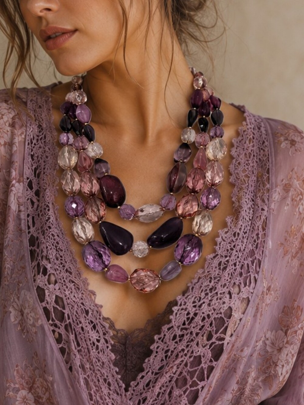 Chico's Purple Multi-Strand Beaded Statement Necklace | Boho Bib Necklace | New